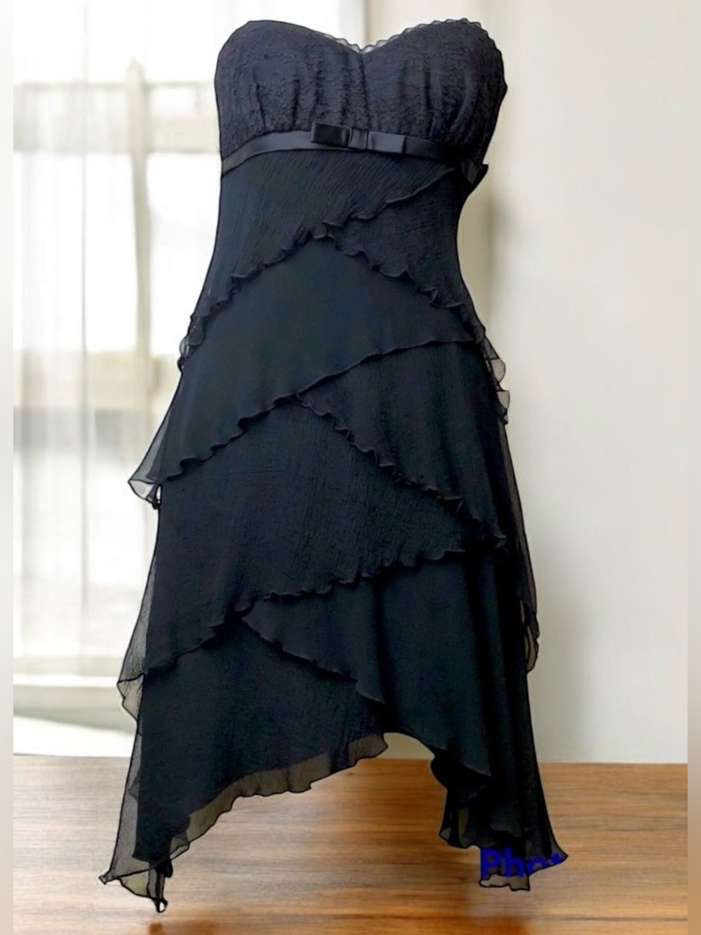 Laundry by Shelli Segal 100% Silk Black Strapless Ruffled Tiered Mini Dress